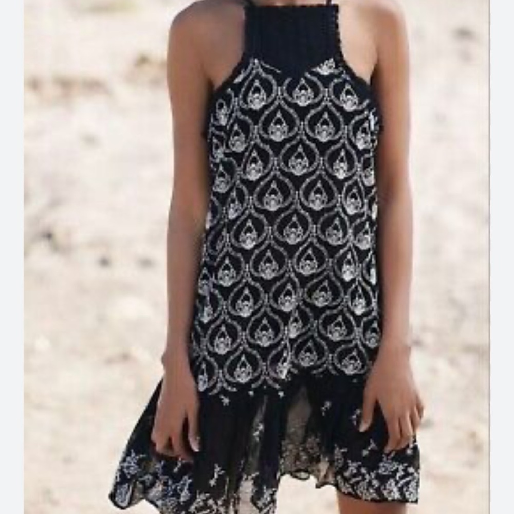 By Anthropologie Sheer Embroidered Mini Slip Dress, Black and Ivory,Size S, EUC